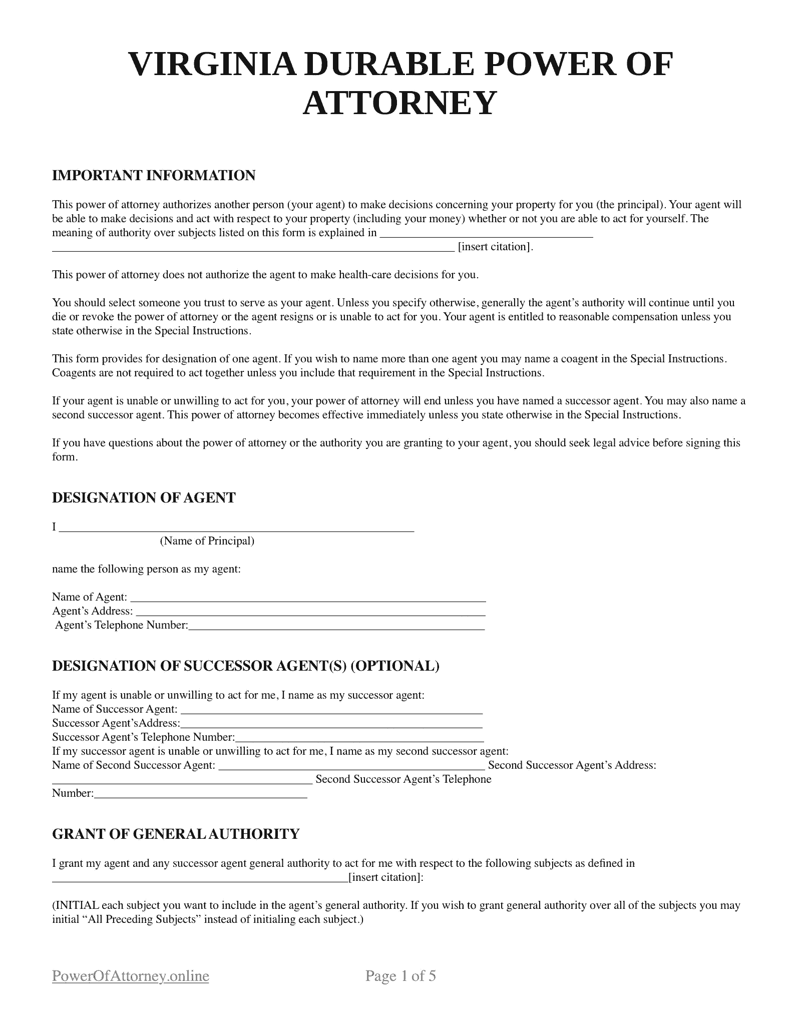 Free Virginia VA Durable Power Of Attorney Forms Templates PDF Free Virginia VA Durable Power Of Attorney Forms Templates PDF