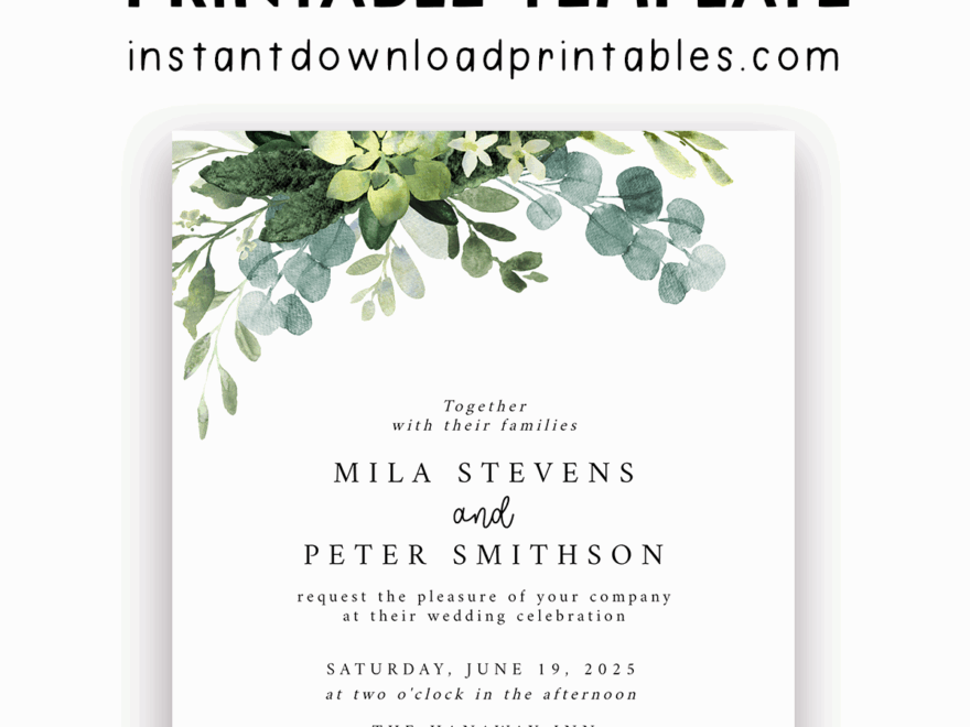 Free Wedding Invitation Template Eucalyptus Green Leaves Instant Download Printables Instant Download Printables