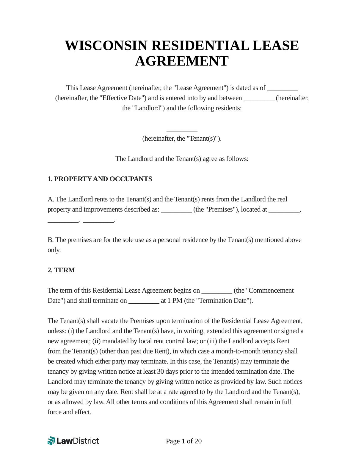 Wisconsin Rental Agreement Custom Free Printable Forms