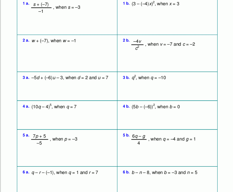 Free Worksheets For Evaluating Expressions With Variables Grades 6 8 Pre algebra And Algebra 1