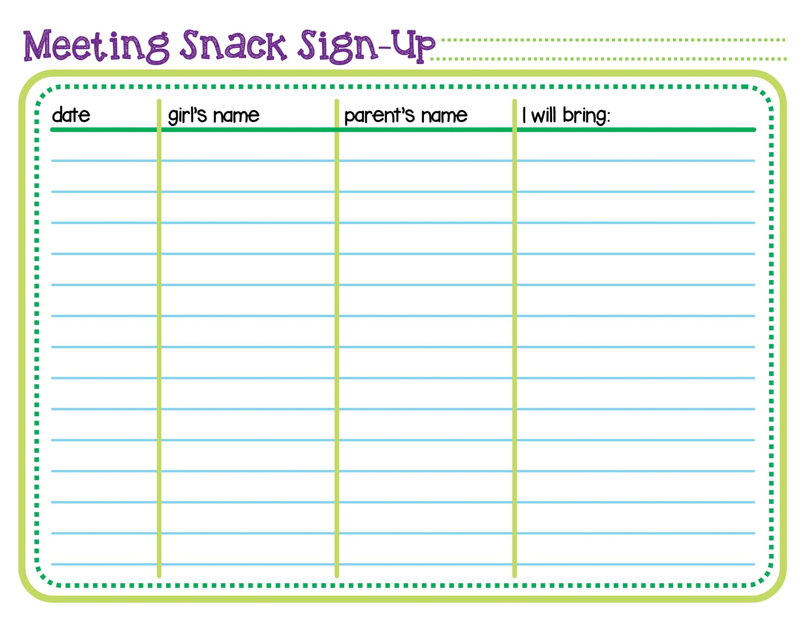 Girl Scout Snack Troop Meeting Sign Up Sheet Printable PDF Template Etsy