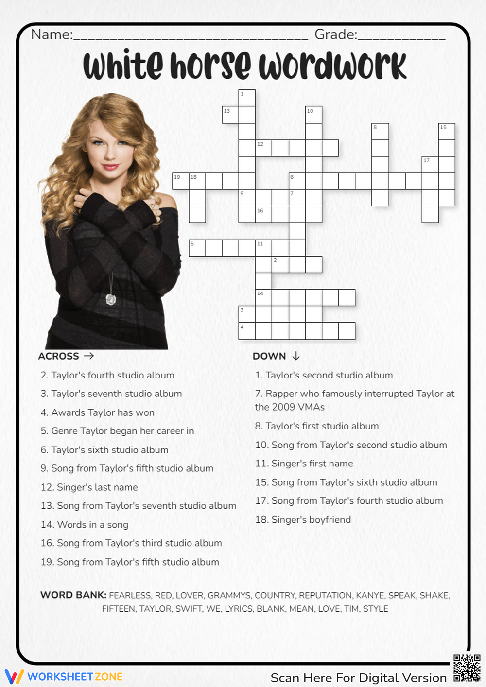 Grade 1 Taylor Swift Crossword Worksheets 2025