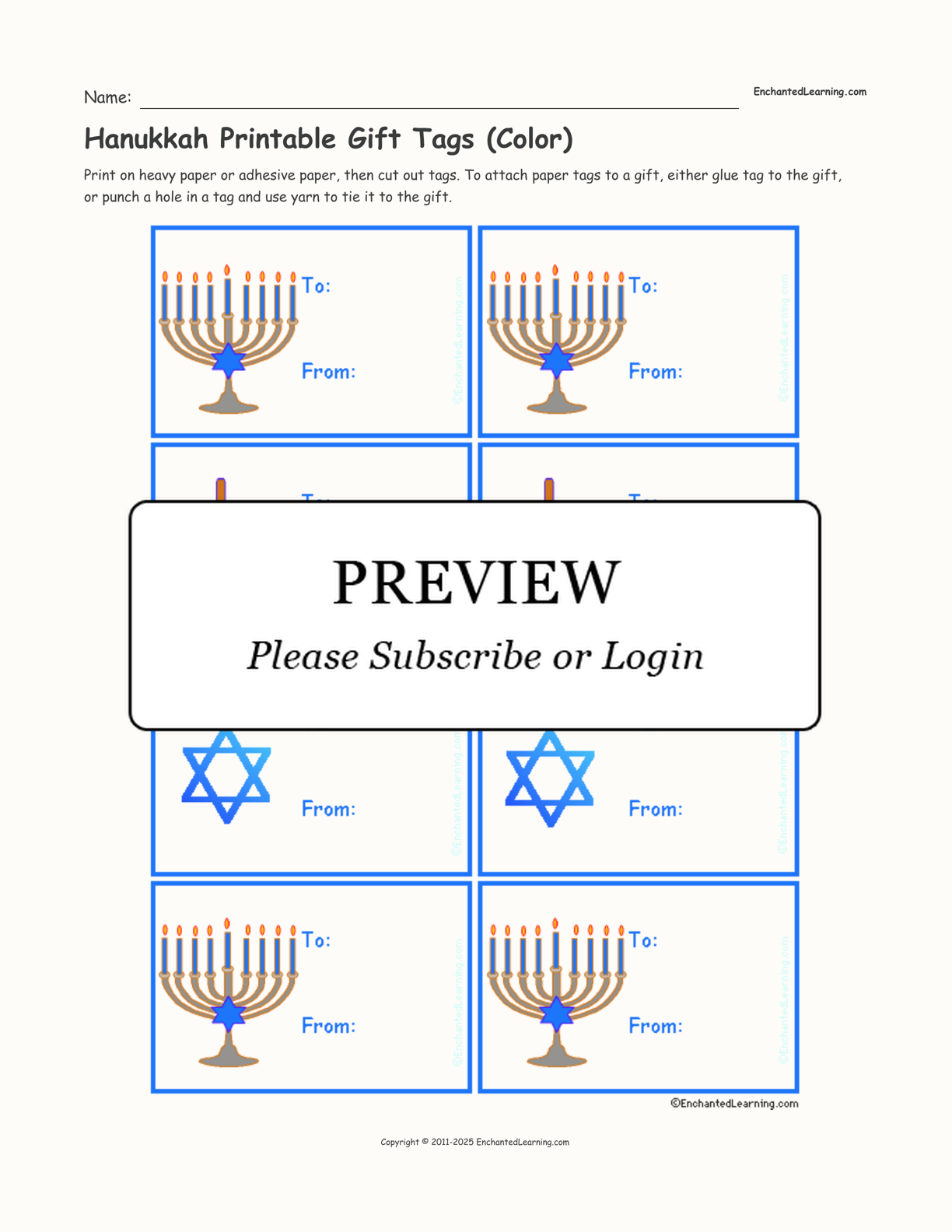 Hanukkah Printable Gift Tags Color Enchanted Learning