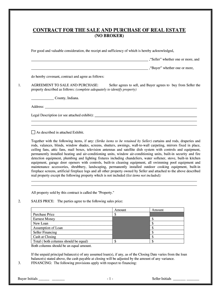 Free Printable Real Estate Purchase Agreement Form Indiana