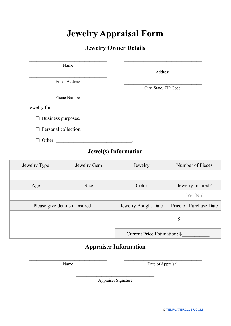 Jewelry Appraisal Form Fill Out Sign Online And Download PDF Templateroller