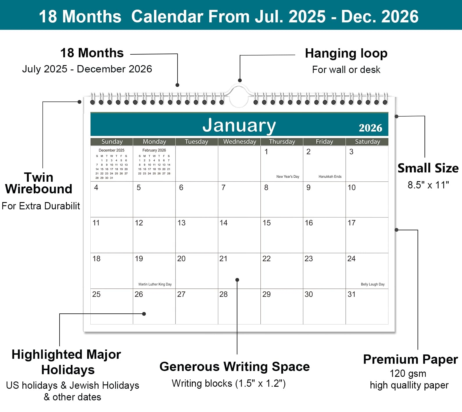 Jewish Wall Calendar 2024 2025 8 5 x11 Hanging Calendar 18 Months Wall Calendar From July 2024 To December 2025 Small Calendar 2024 2025 Strong Twin Wire Binding Thick Paper Sturdy Haning Hooks Wall Calendars Amazon au