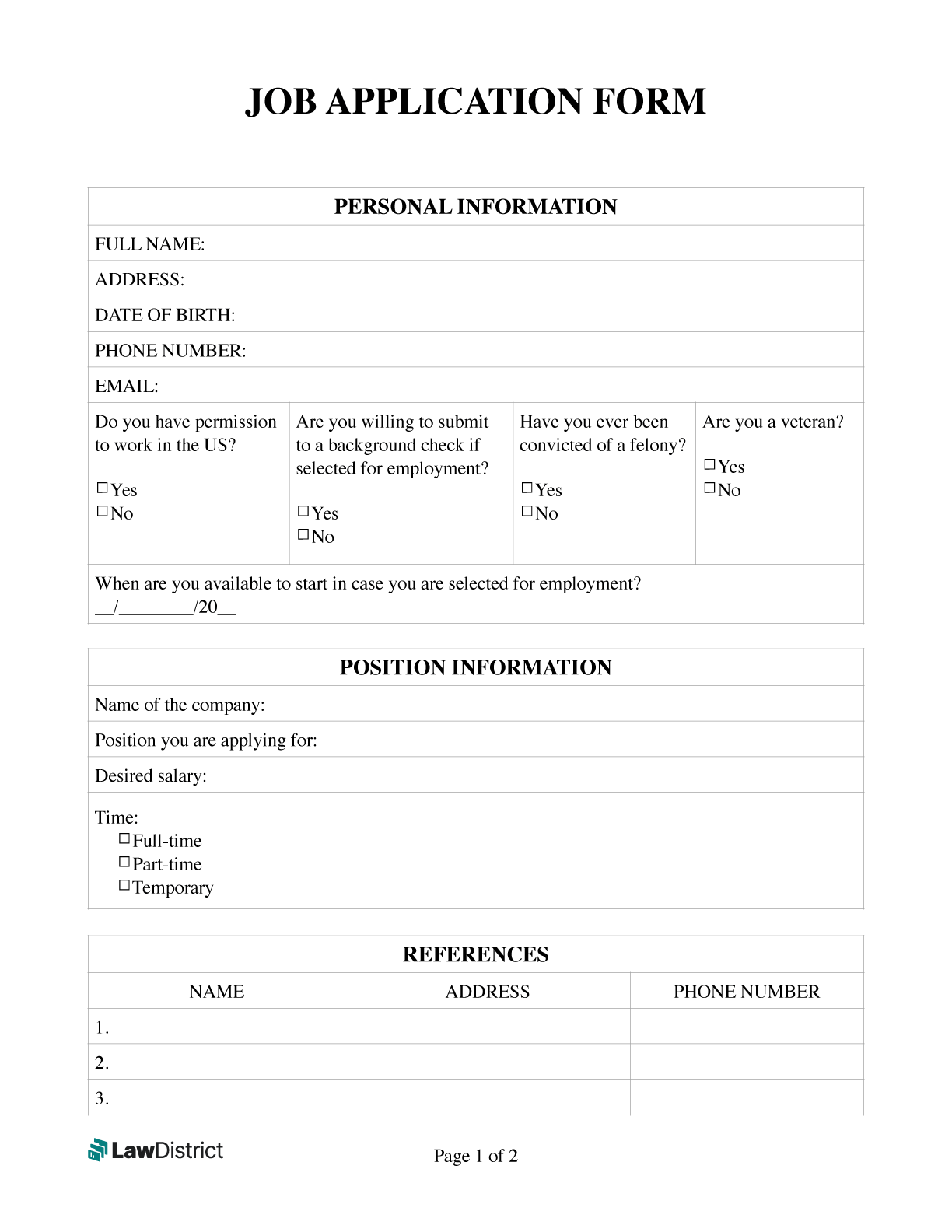 Job Application Form Free Simple PDF Template LawDistrict Job Application Form Free Simple PDF Template LawDistrict