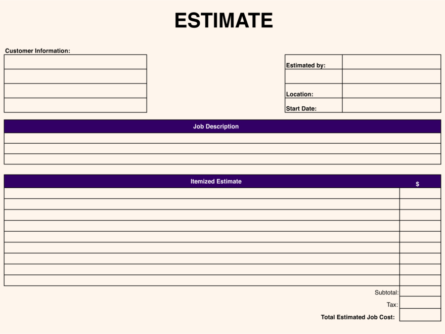 Job Estimate Blank Free Printable Estimate Forms Printable Party Favors