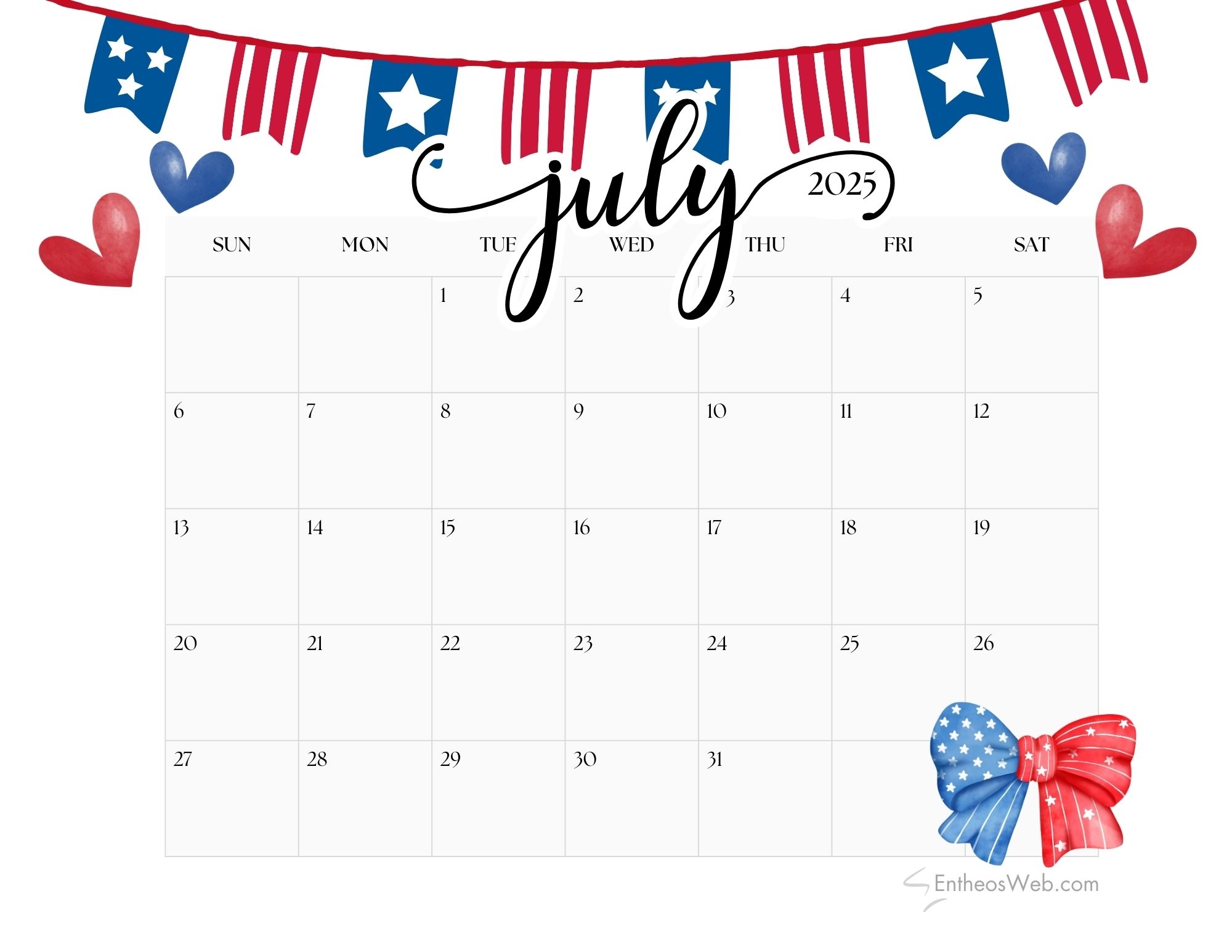 Free Printable Calendar For July 2025