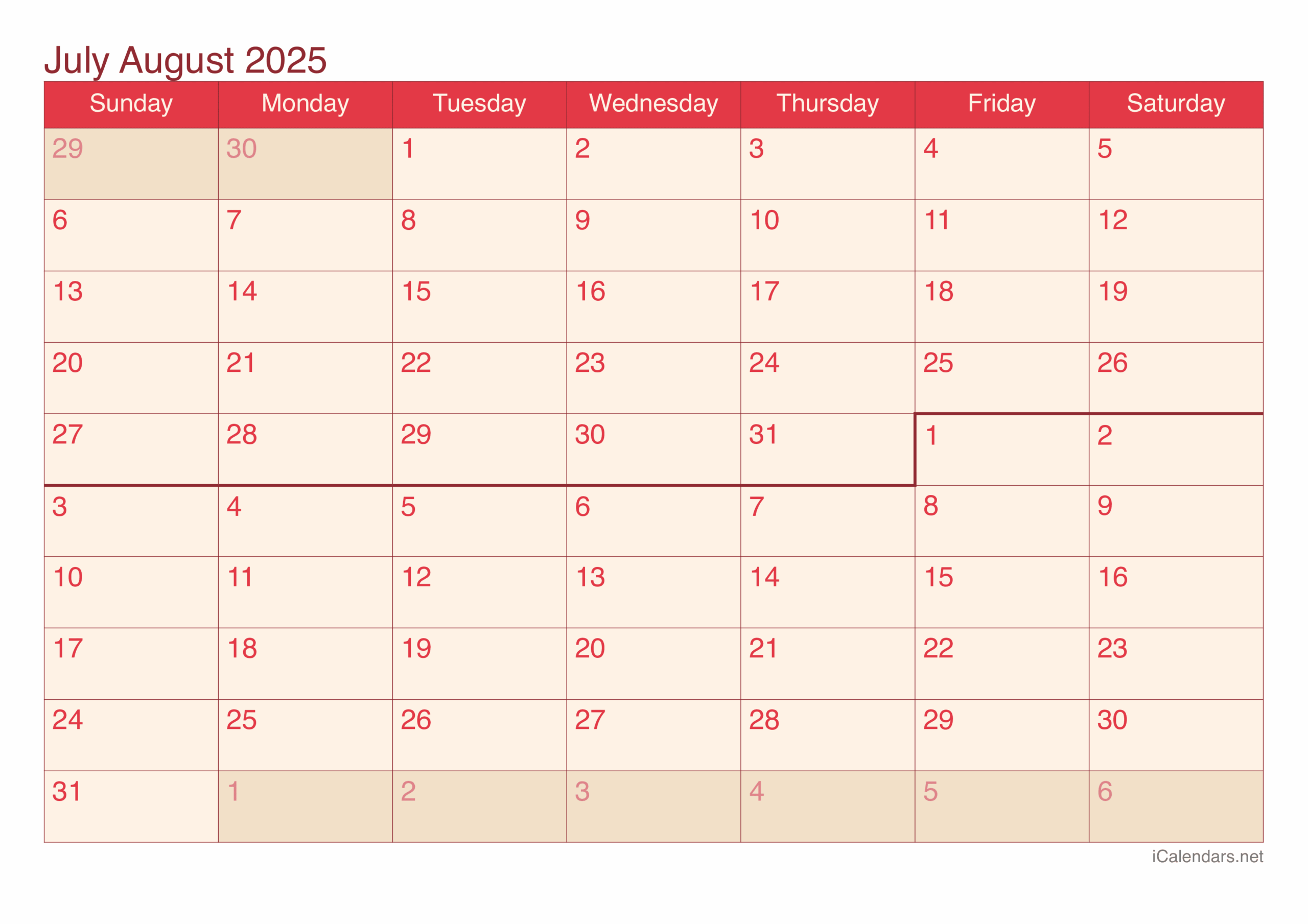 July And August 2025 Printable Calendar