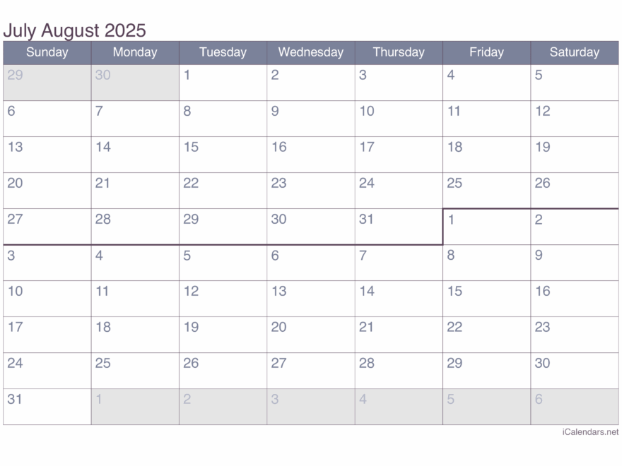 July And August 2025 Printable Calendar