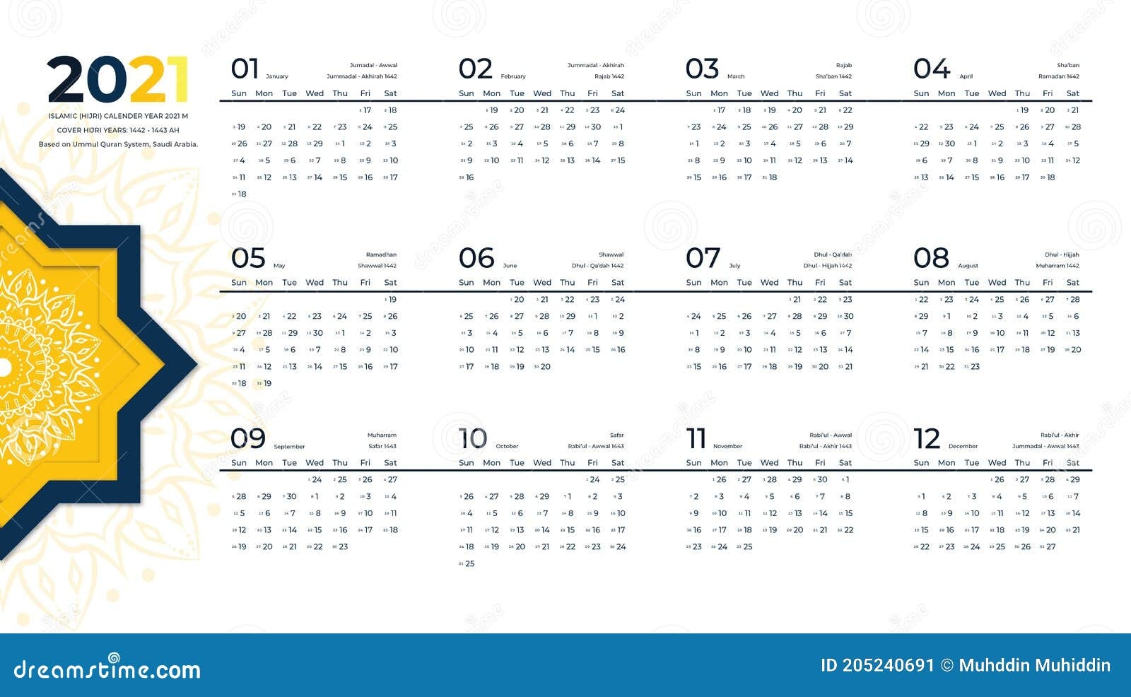 Landscape Islamic Hijri Calendar Year 2021 Stock Vector Illustration Of Islamic Resizeablen 205240691