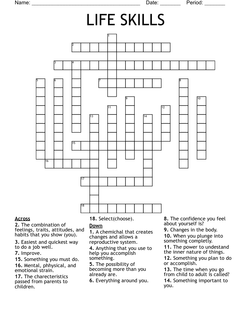 Daily Living Skills Crossword Printable