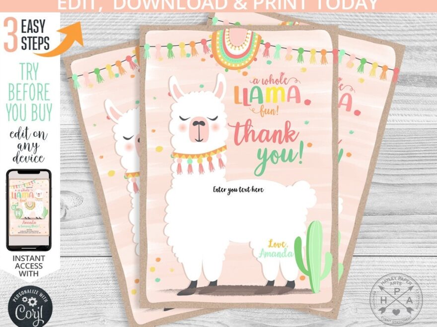 Llama Thank You Card Birthday Whole Llama Fun Party Fiesta Cactus Alpaca Girl Pink Purple Instant Access To Editable Template 071HPA 08 Etsy