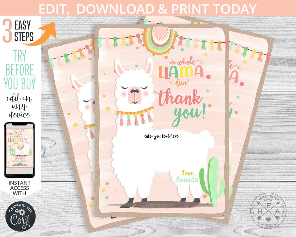 Llama Thank You Card Birthday Whole Llama Fun Party Fiesta Cactus Alpaca Girl Pink Purple Instant Access To Editable Template 071HPA 08 Etsy