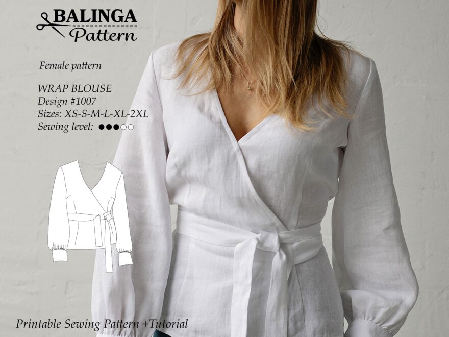 Long Sleeve Wrap Blouse PDF Digital Sewing Pattern Sizes XS 2XL Etsy