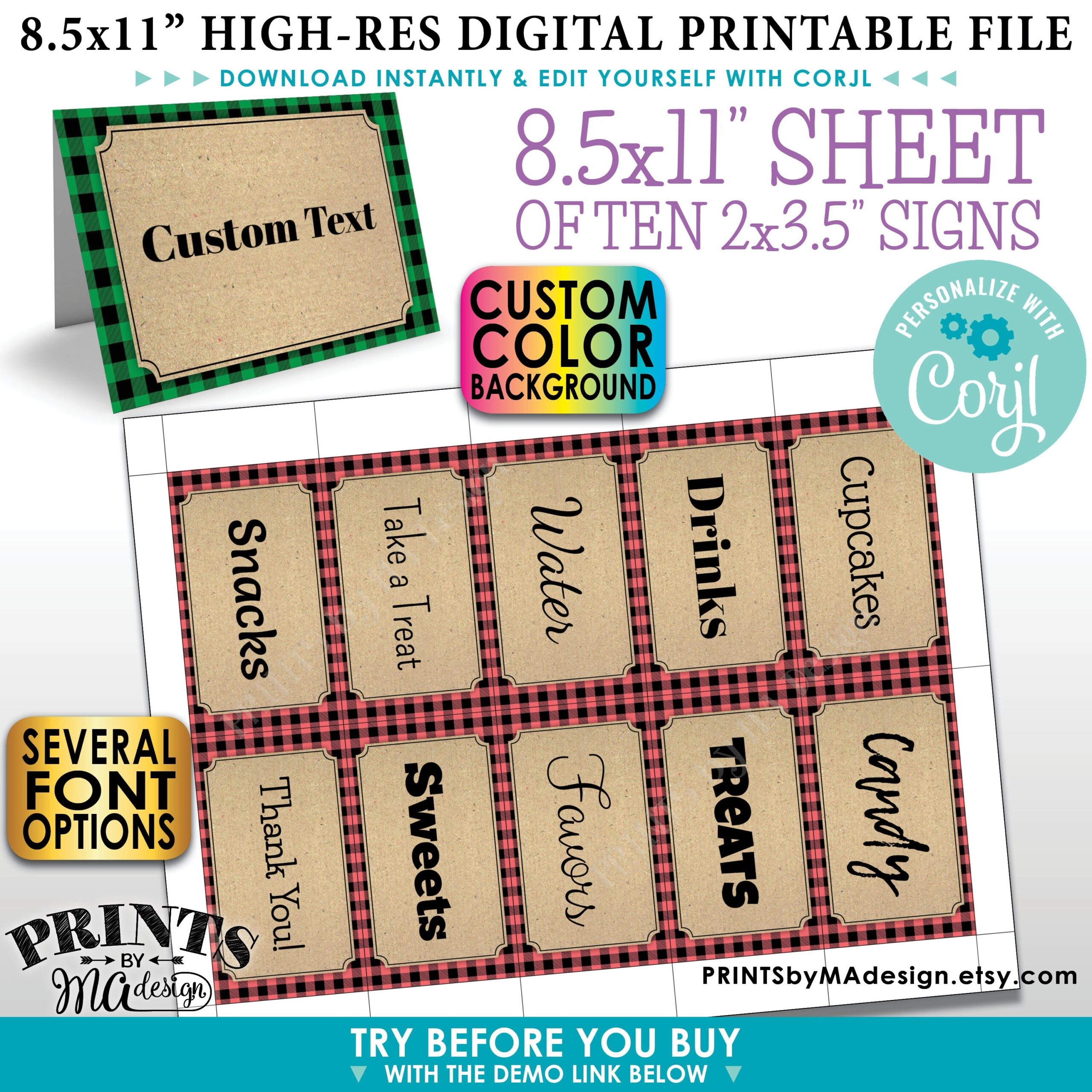 Lumberjack Place Cards One PRINTABLE 8 5x11 Sheet Of 2x3 5 Labels Buffet Food Labels Custom Color