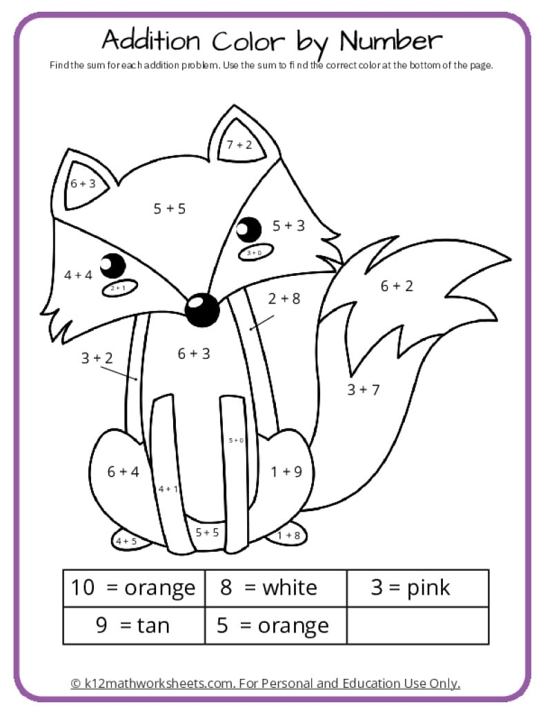 Free Printable Coloring Math Worksheets For Kindergarten