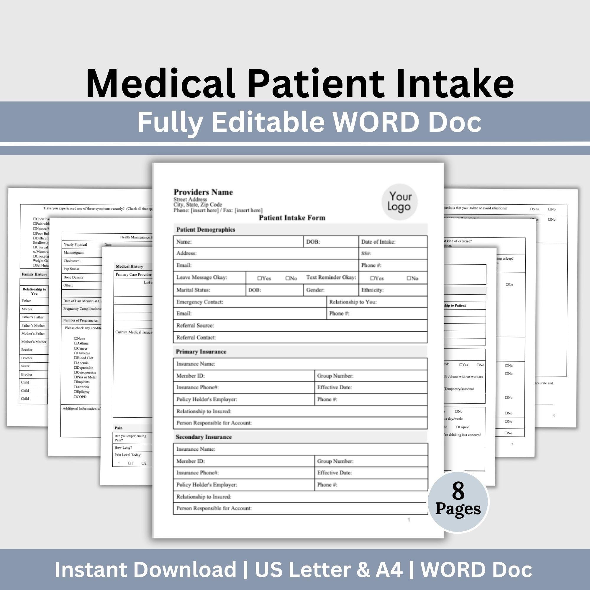 Medical Intake Form Patient Intake Form Medical Forms Medical History New Patient Intake Health History Form WORD Doc Patient Form Etsy