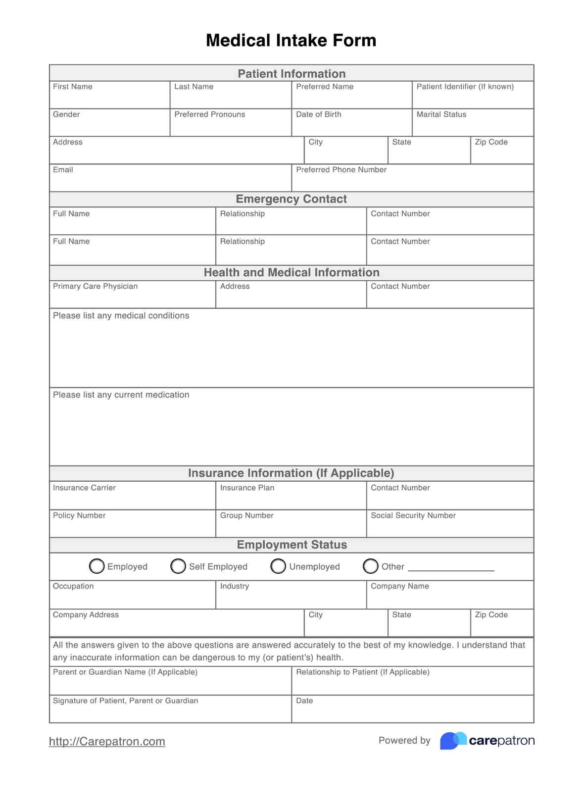 Medical Intake Form Template Free PDF Download