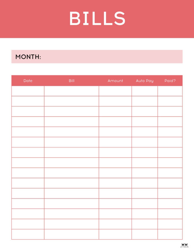 Monthly Bill Organizers 18 Free Printables Printabulls