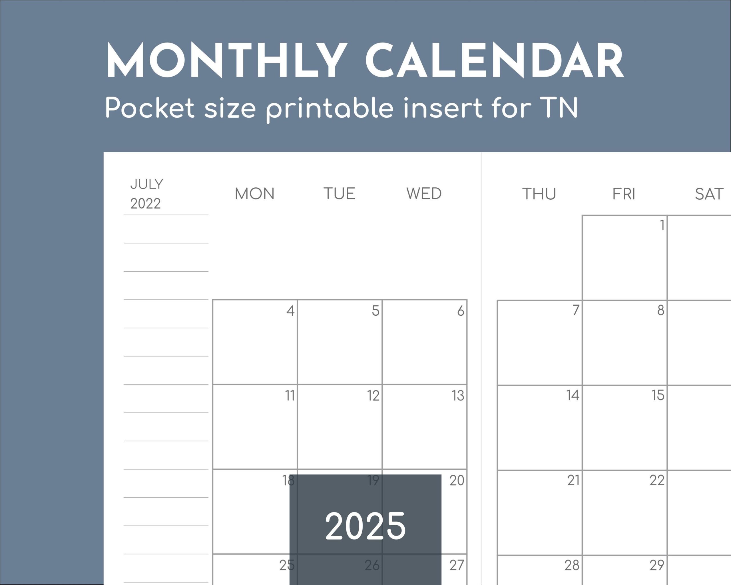 Monthly Pocket Calendar 2025 Printable Travelers Insert 3 5x5 5in 90x140mm Etsy
