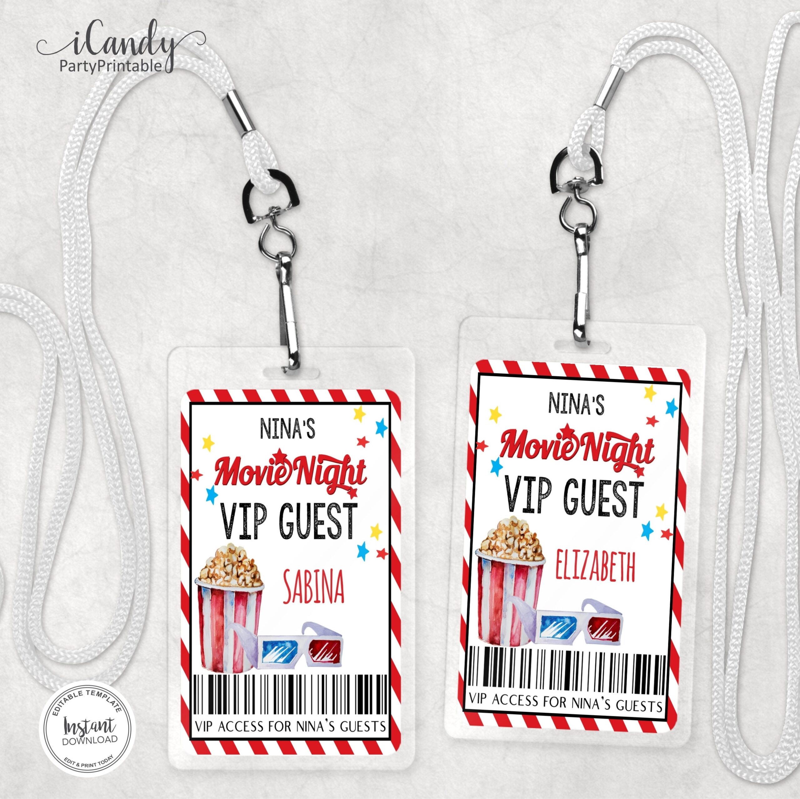 Movie Night Party VIP All Access Pass And Lanyard Backstage Pass Editable Cards Instant Download Etsy