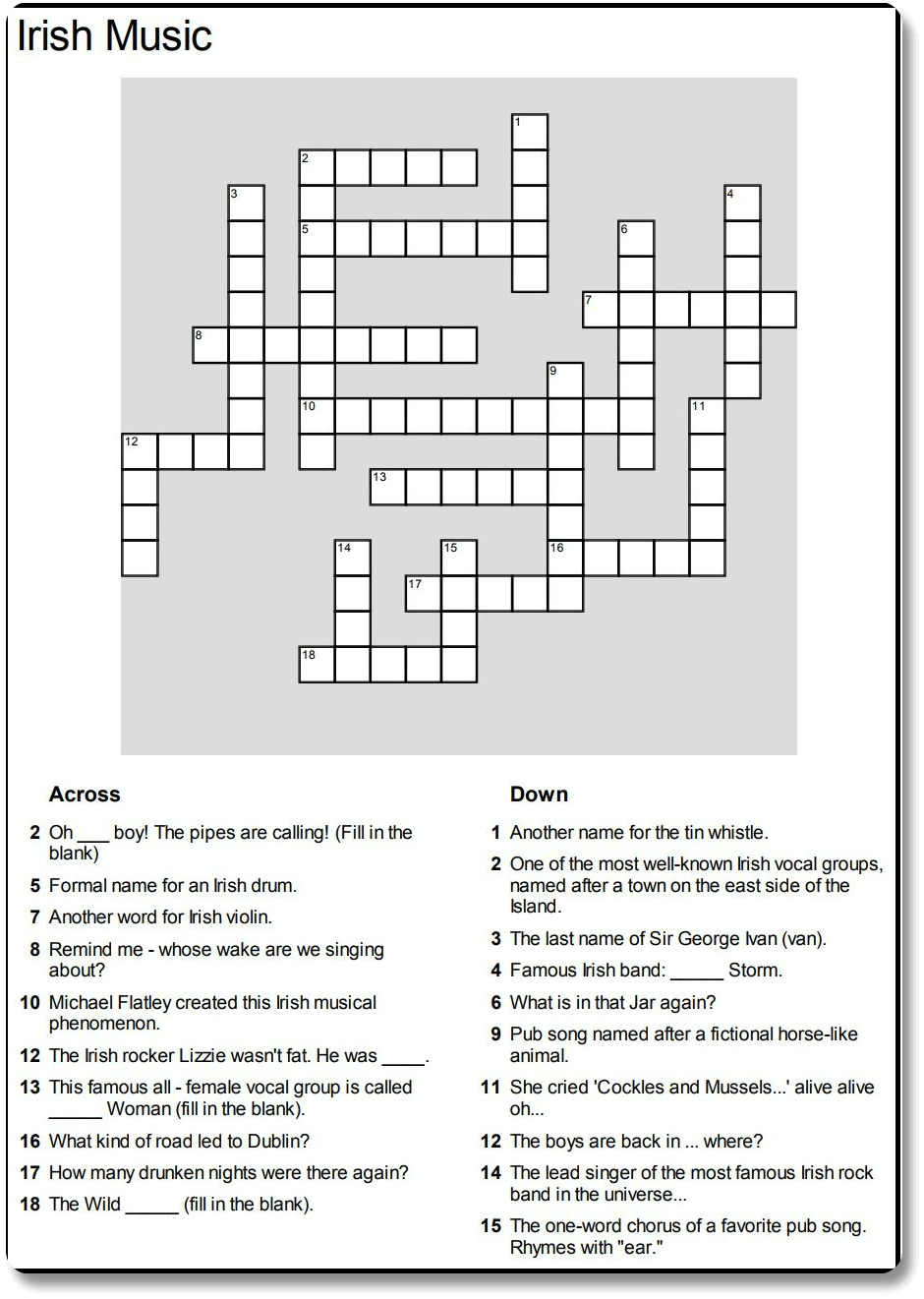 Music Crossword Puzzle Printable Coloring Pages FREE