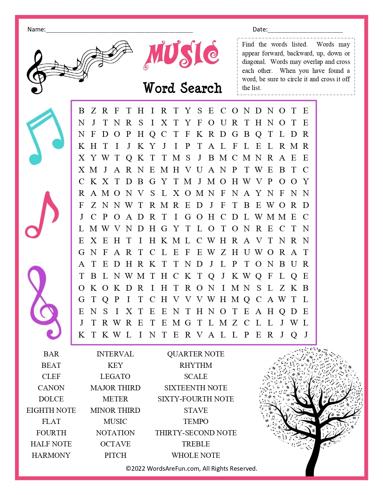 Printable Music Crossword Activities For Kids