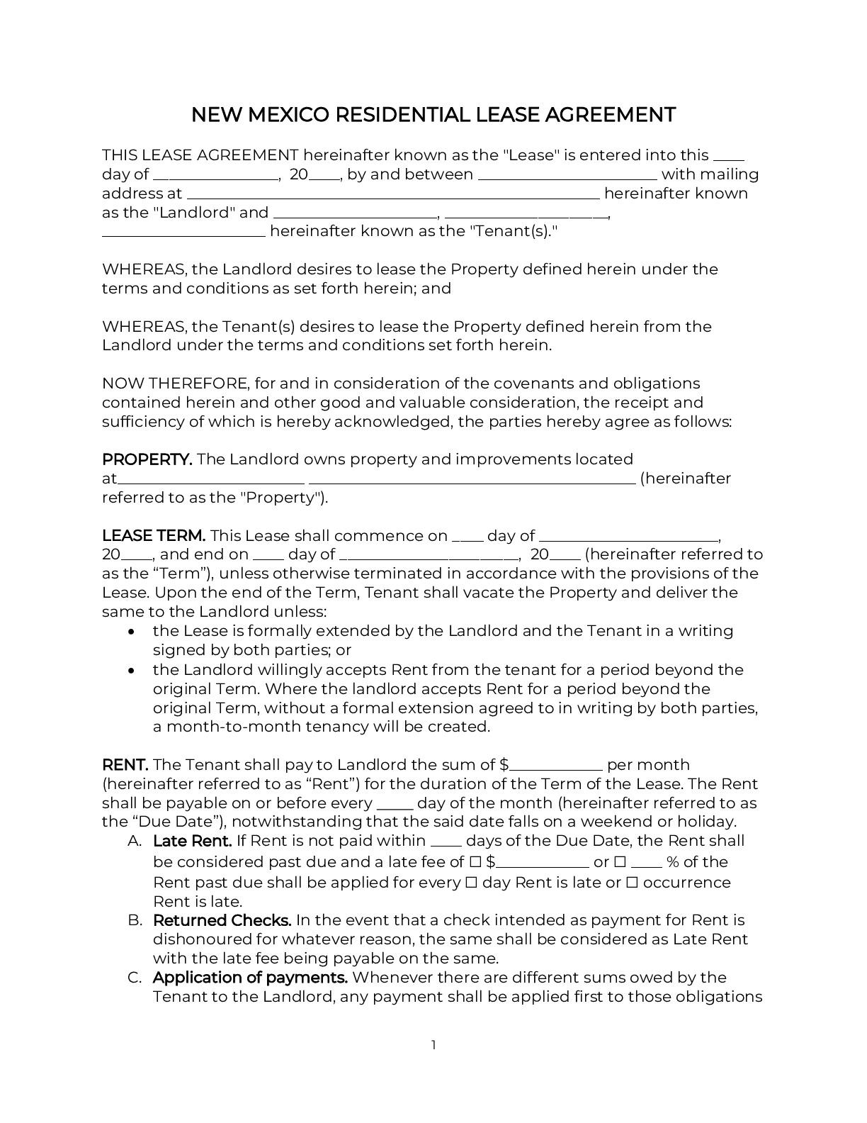 Printable New Mexico Lease Agreement