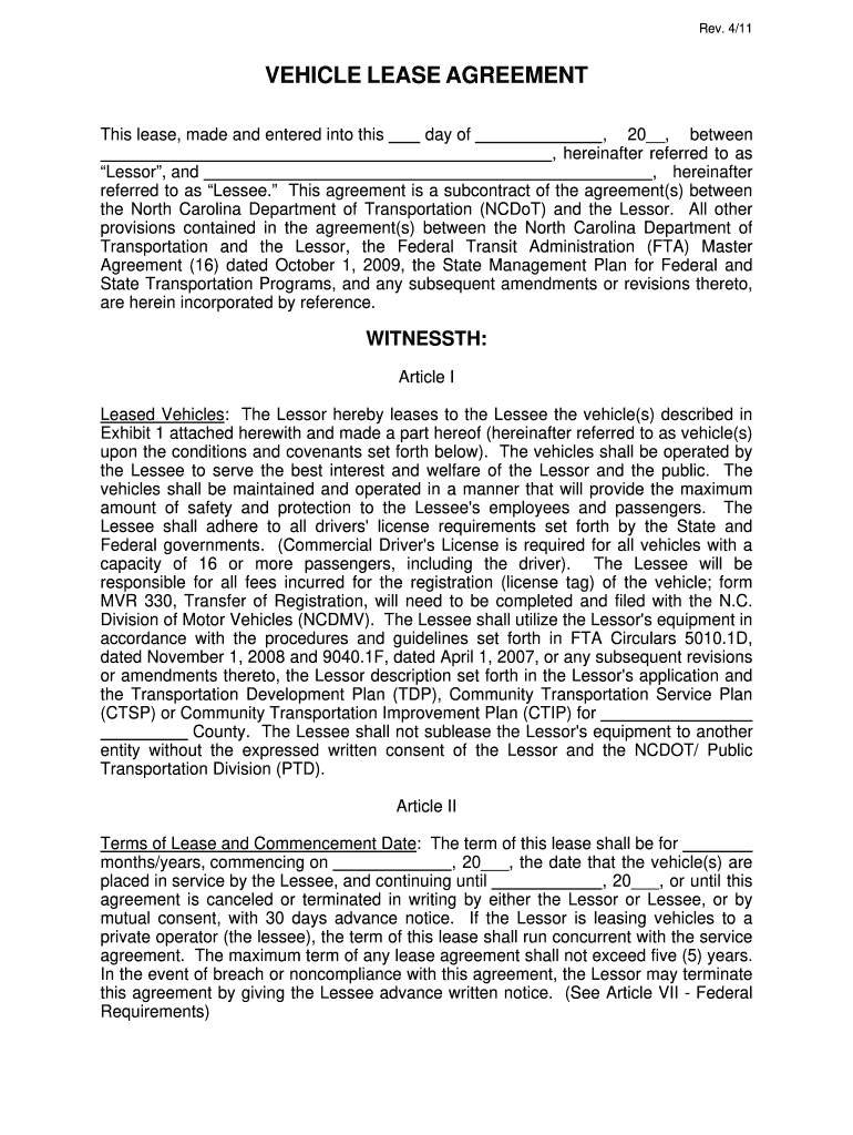 North Carolina Vehicle Lease Agreement Fill Online Printable Fillable Blank PdfFiller