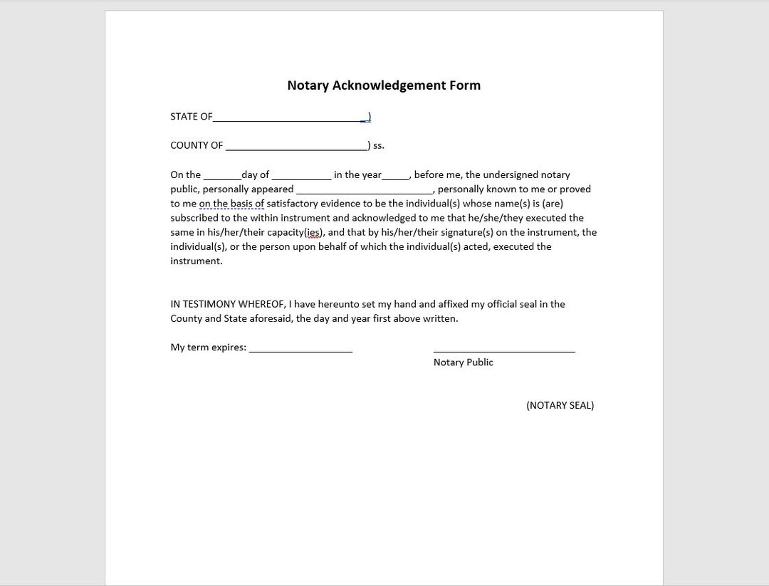 Notary Acknowledgement Form Notary Acknowledgement Form Template Notary Acknowledgement Simple Letter Word Template Etsy