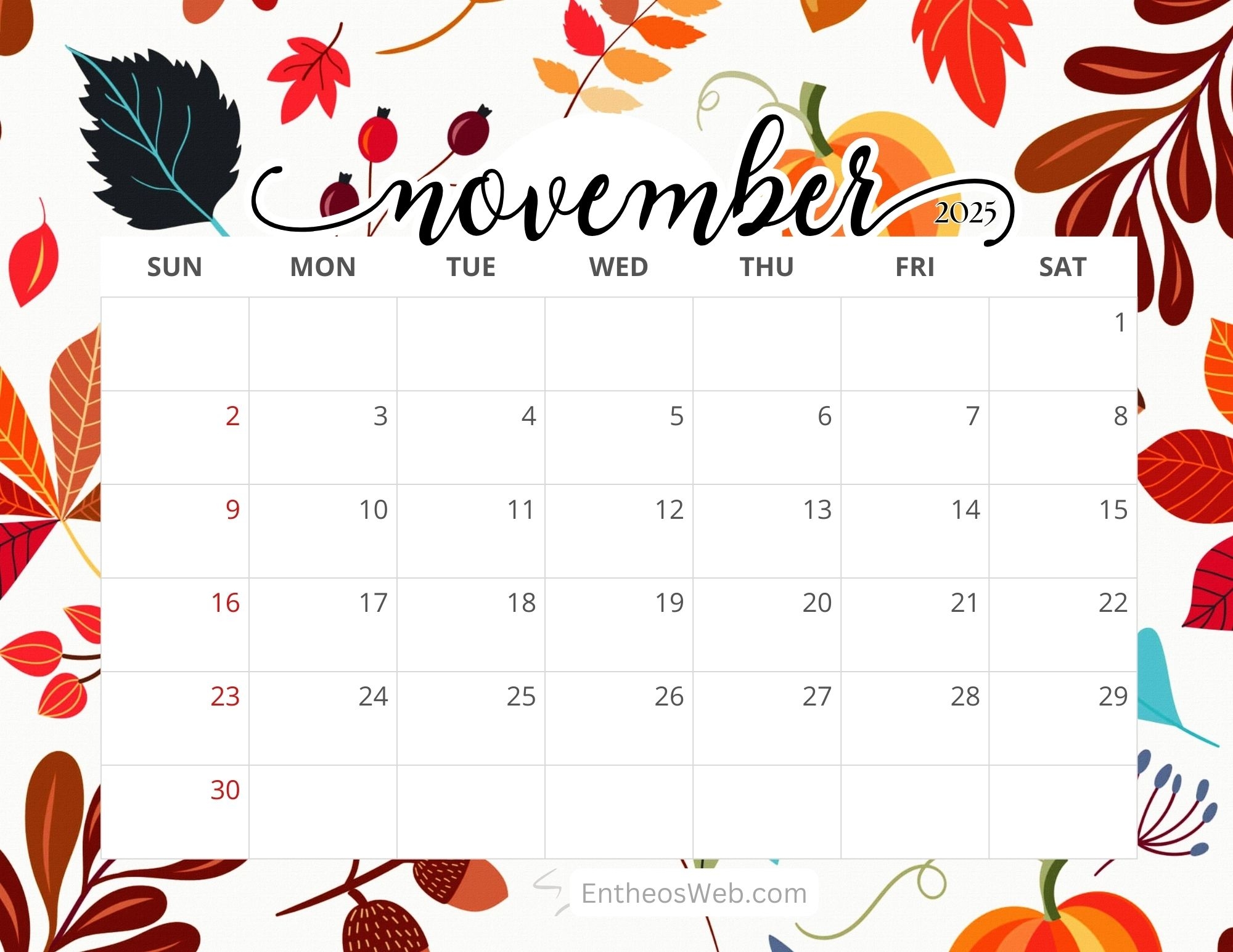 Free Editable And Printable November 2025 Calendar