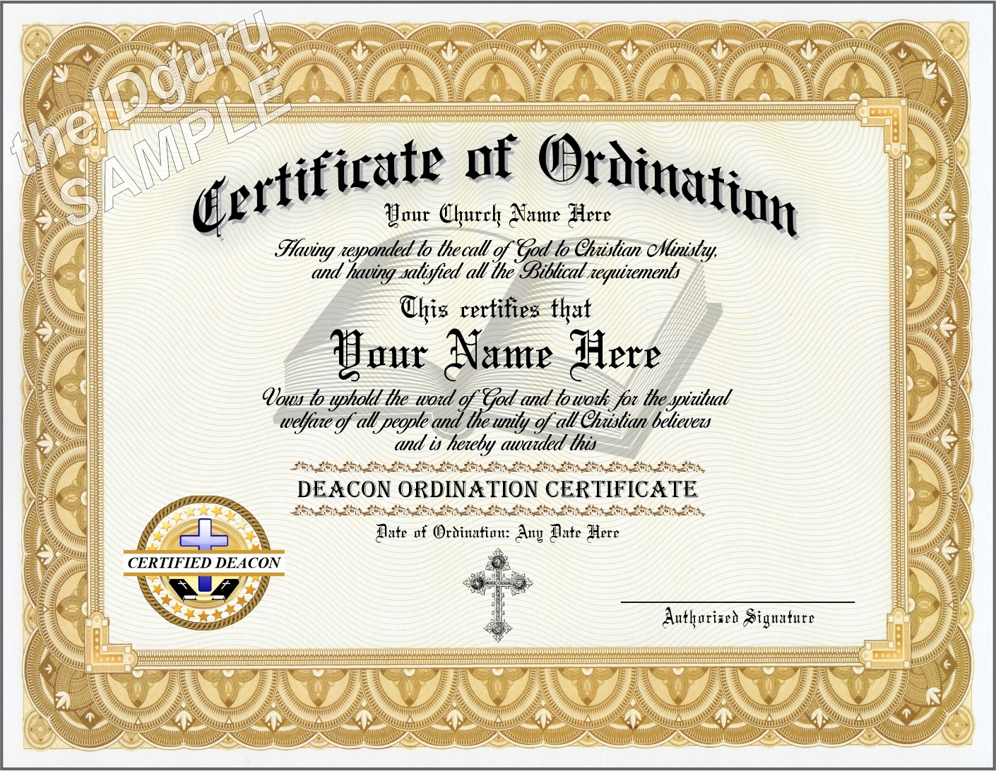Ordained DEACON Certificate Custom Printed With Your Information And Church LOGO The Id Guru