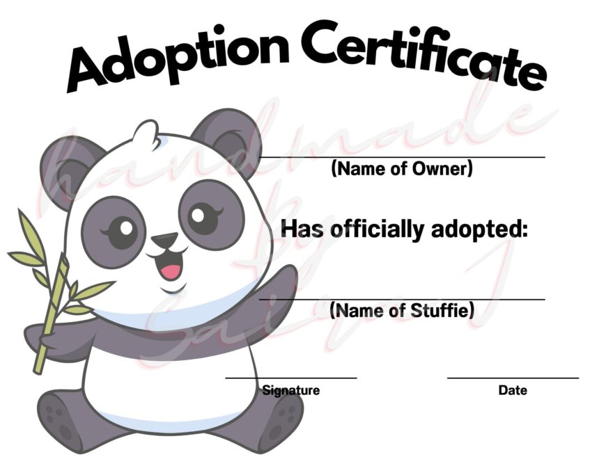 Panda Bear Printable Stuffed Animal Adoption Certificate Downloadable Plushie Lovey Lovies Stuffie Plush Crochet Sewing Knitting Toy Gift Etsy
