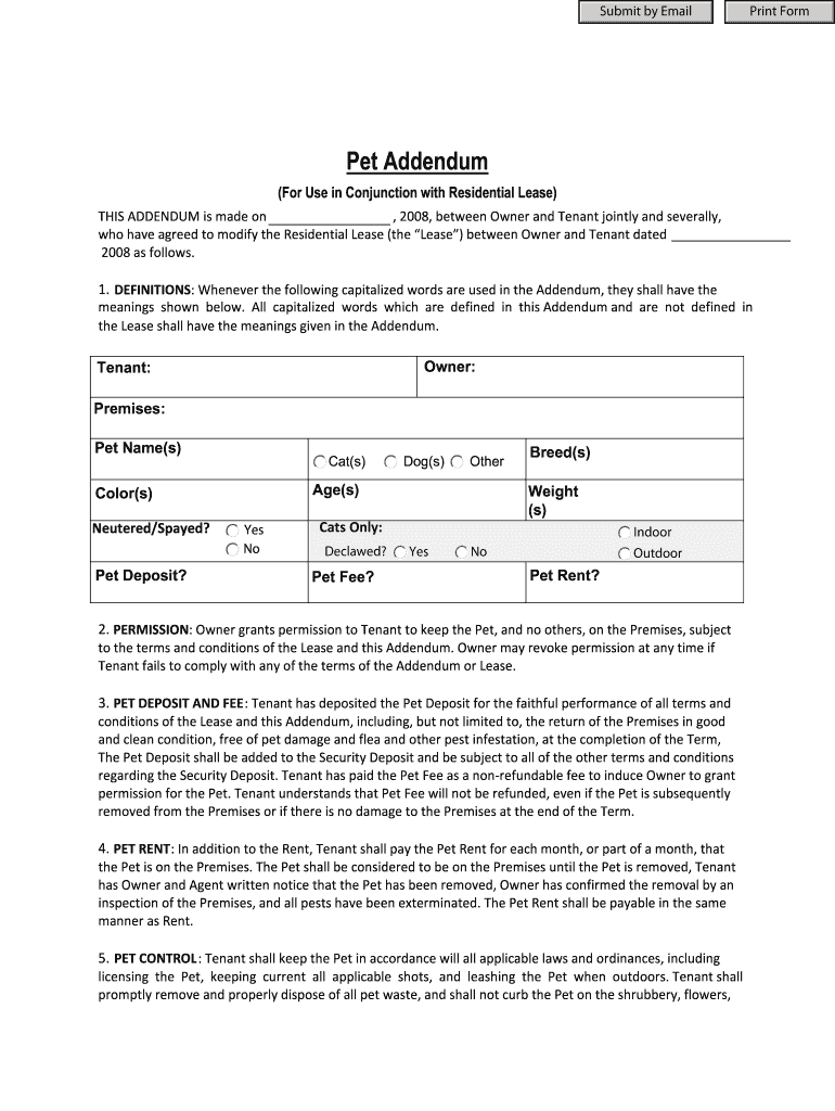Pet Addendum Fill Online Printable Fillable Blank PdfFiller