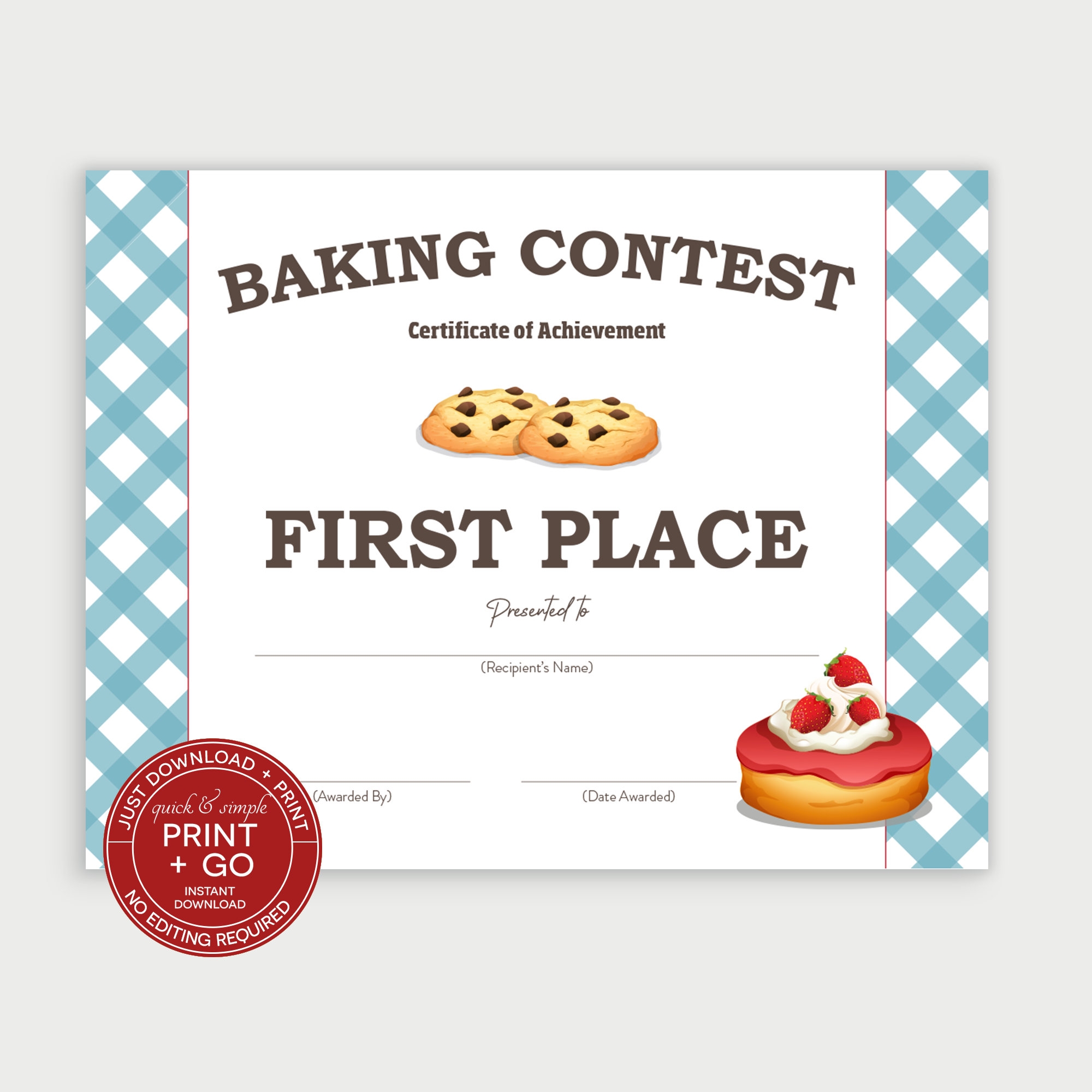 Printable Baking Contest Award Winner Certificate First Place Winner Award Dessert Competition NO EDITING Required Just Download Print Etsy UK