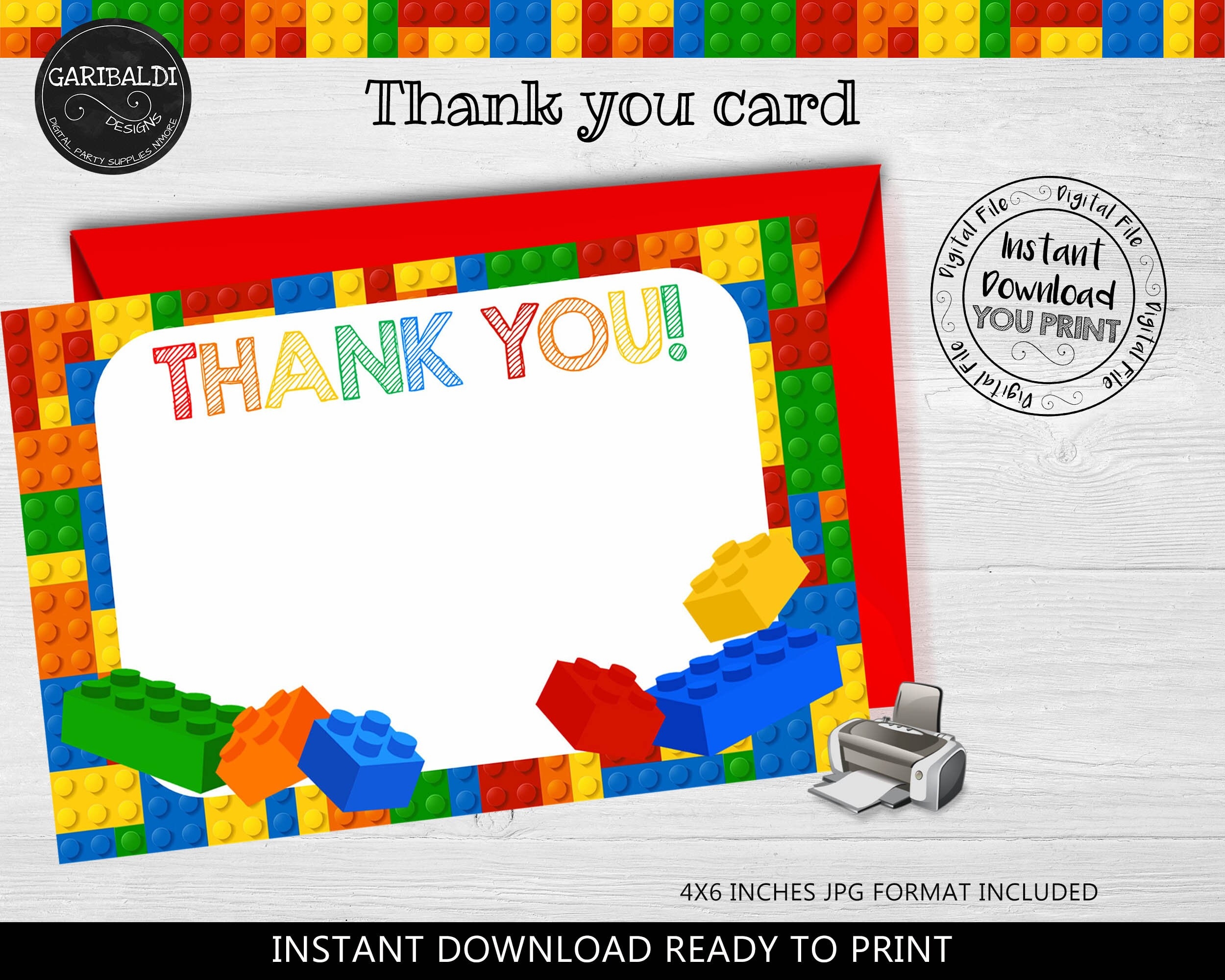 Printable Building Blocks Thank You Card Building Blocks Birthday Party Thank You Card Building Blocks DIY Thank You Card BKBC Etsy
