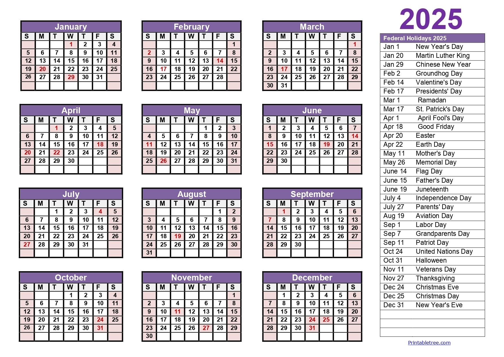 2025 12 Month Printable Calendar