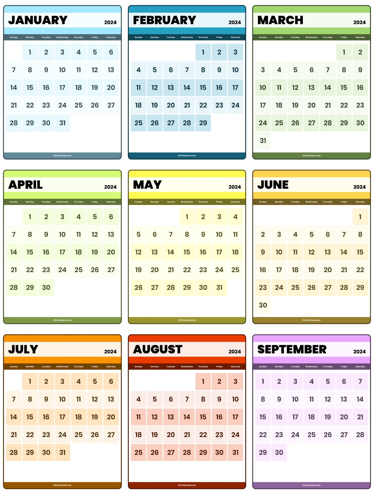 Printable Calendars ESL Flashcards