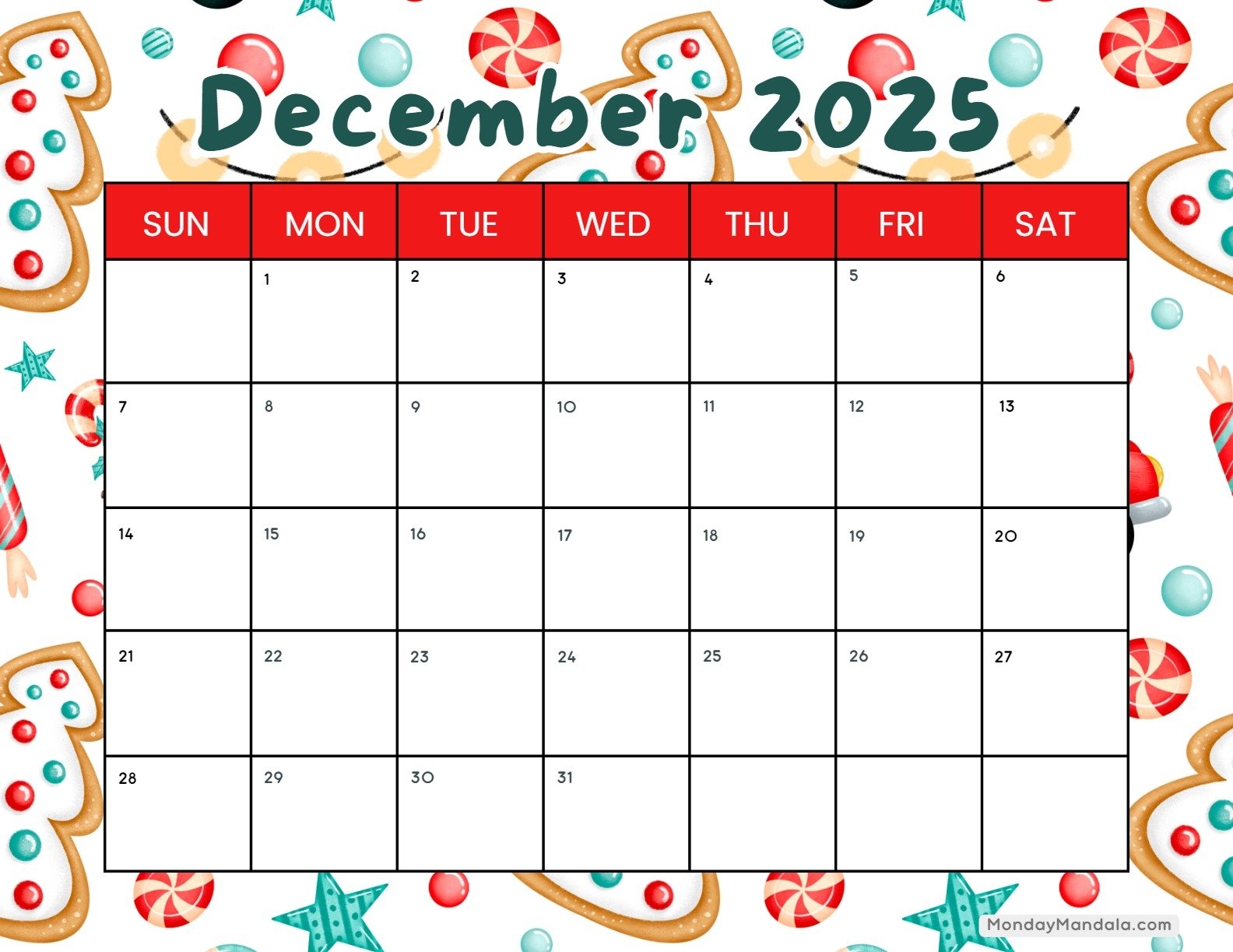 Free Printable December 2025 Calendar
