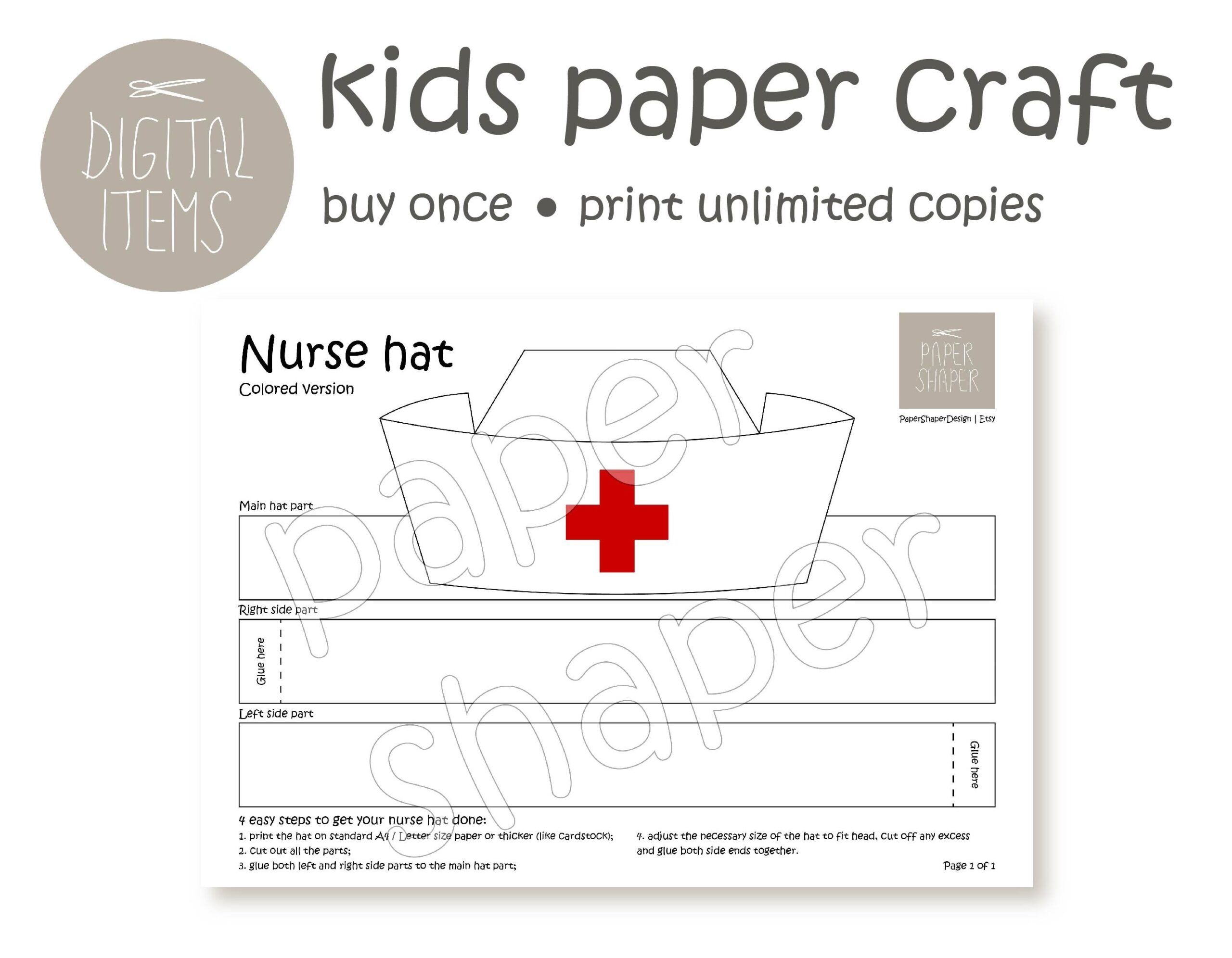 Printable Colored Nurse Paper Hat Kids Party Craft Doctor Costume Pdf Template Digital Download DIY Career Day Costume Occupation Party Mask Etsy