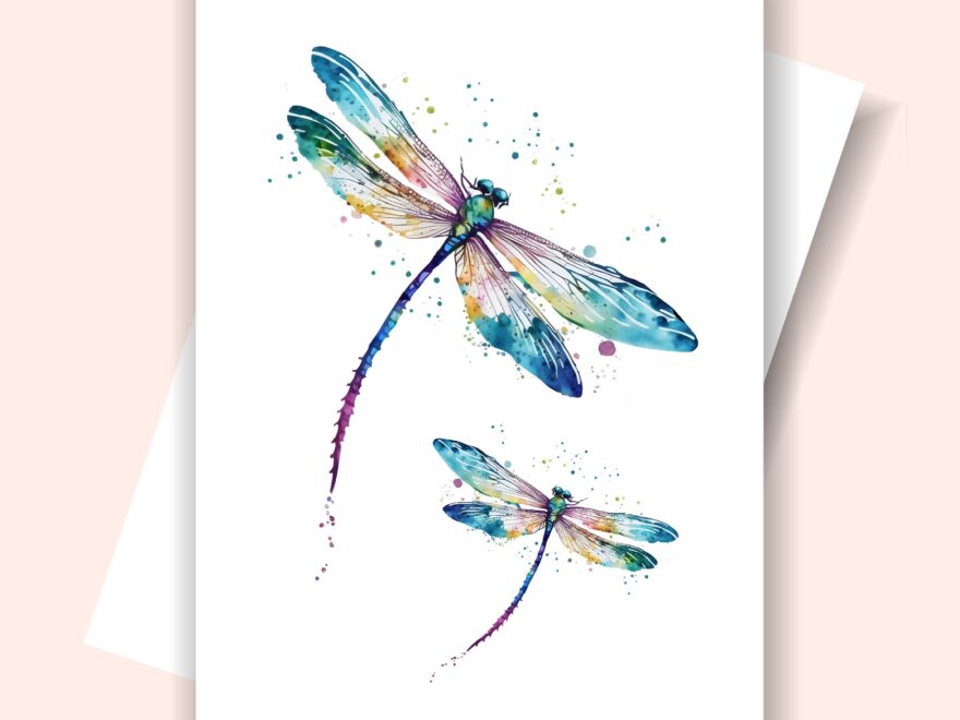 Printable Dragonfly Card Watercolor Dragonflies Card Colorful Dragonfly Folded Card 2 Sizes Blank Inside Etsy