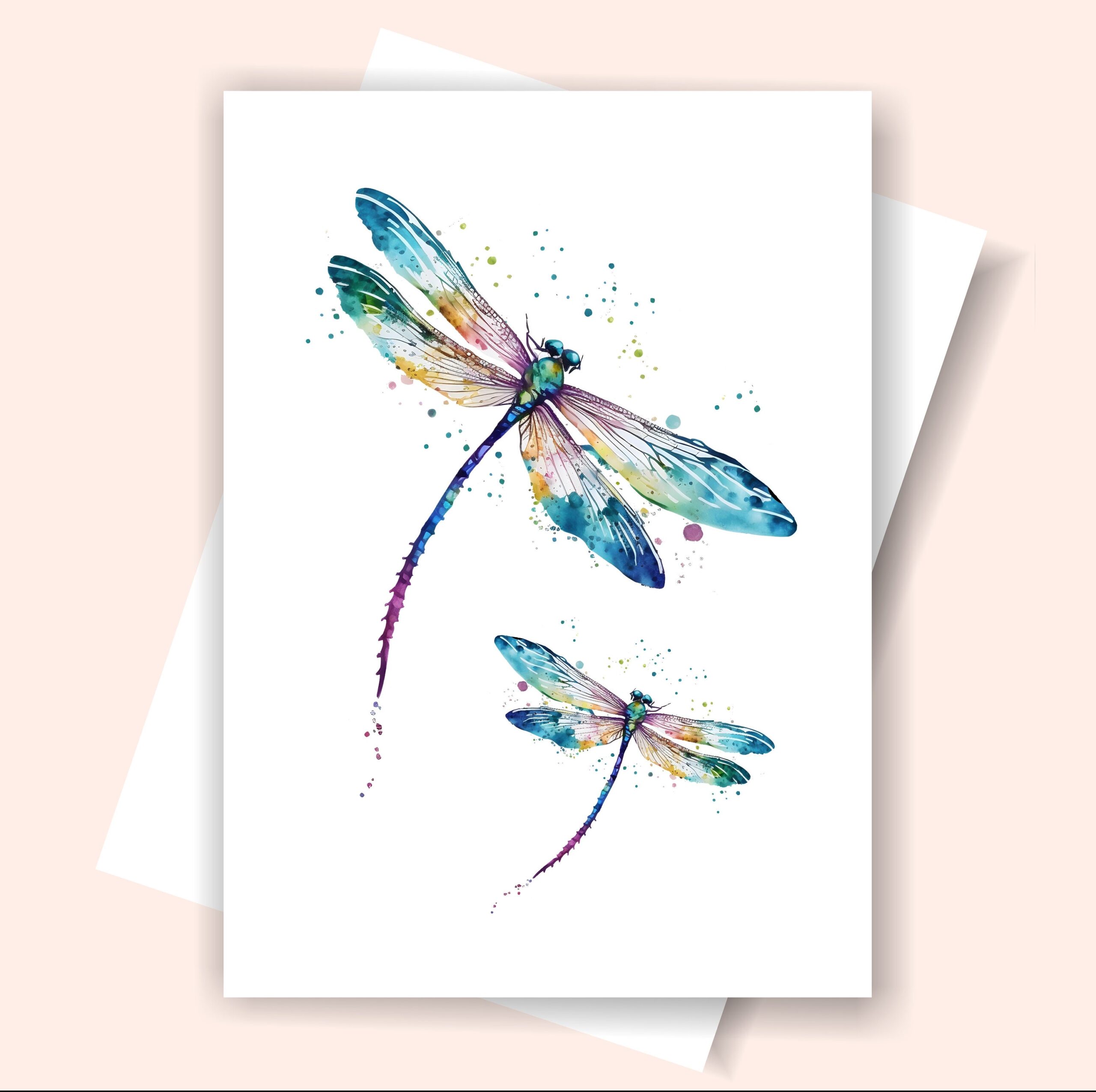 Printable Dragonfly Card Watercolor Dragonflies Card Colorful Dragonfly Folded Card 2 Sizes Blank Inside Etsy