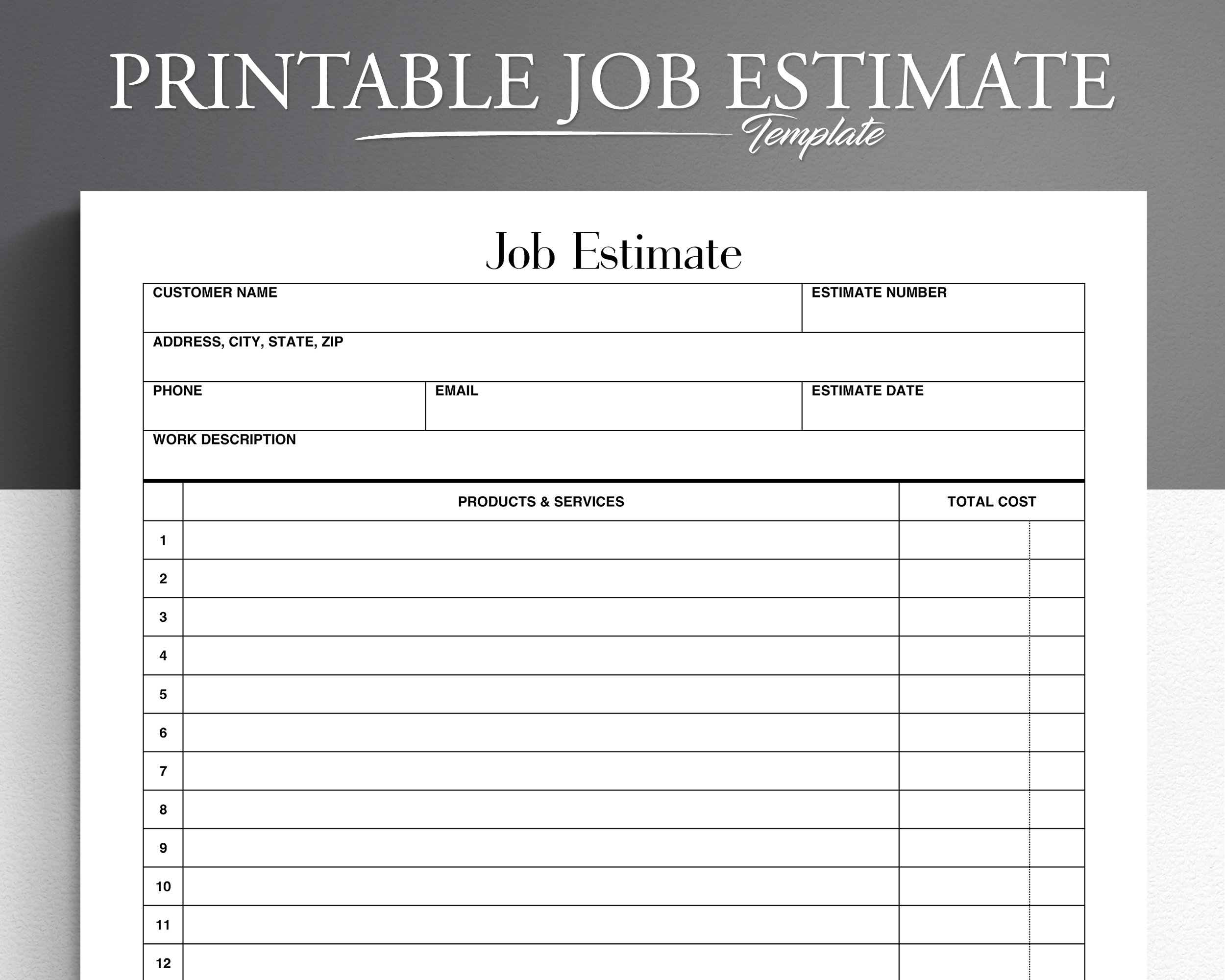 Blank Free Printable Estimate Forms