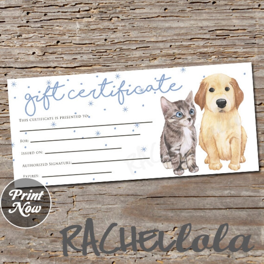 Printable Pet Gift Certificate Template Dog Cat Groomer Thank You Gift Vet Photography Card Veterinarian Instant Digital Download Etsy