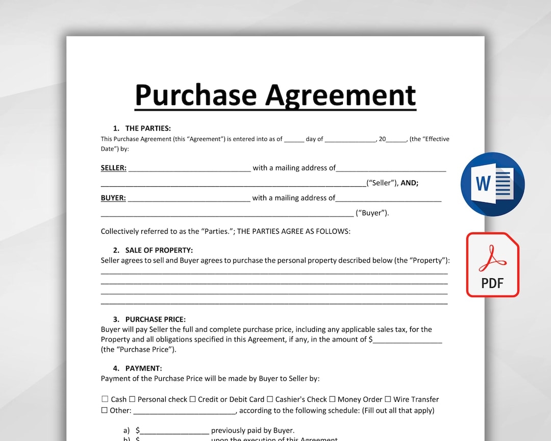 Printable Purchase Agreement Template Editable Purchase And Sale Contract Contract Of Sales Property Purchase Agreement PDF MS Word Etsy