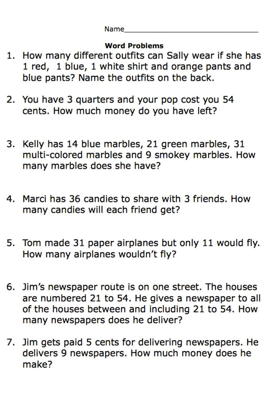 Printable Second Grade Math Word Problem Worksheets Printable Second Grade Math Word Problem Worksheets