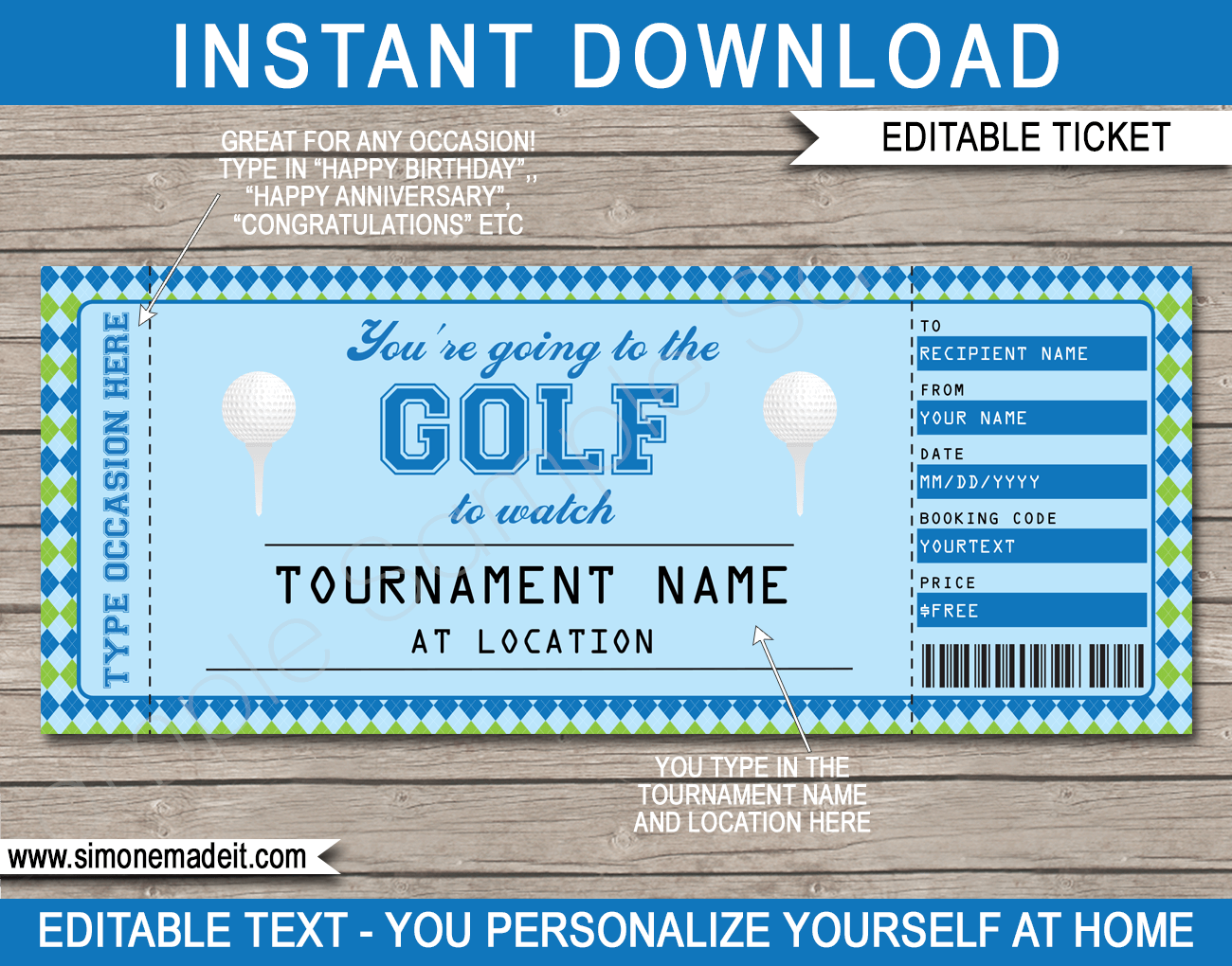 Printable Surprise Golf Tournament Tickets Gift Voucher Template