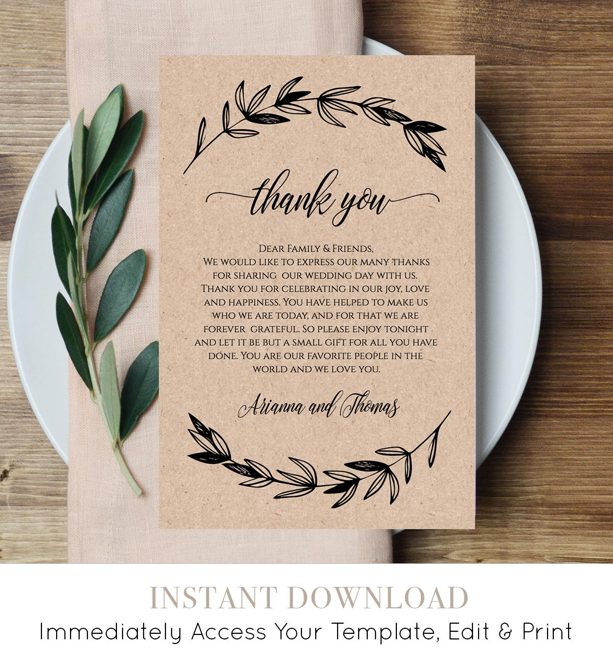 Printable Wedding Thank You Letter Reception Thank You Note In Lieu Of Favor Card 100 Editable Instant Download Digital 023 102TYN